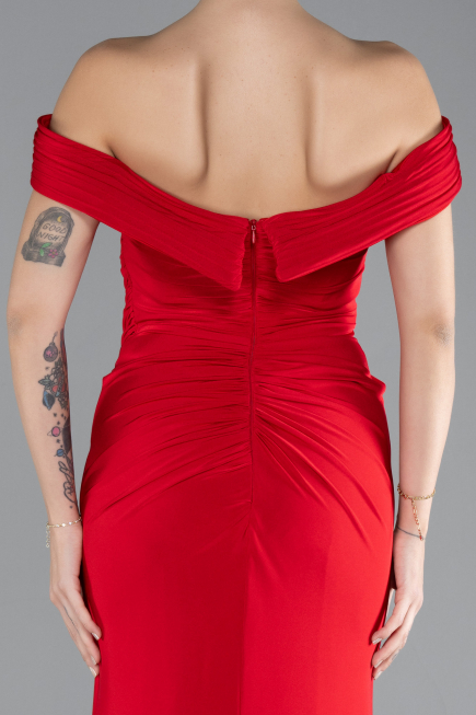 Red Boat Neck Slit Long Evening Gown ABU4400