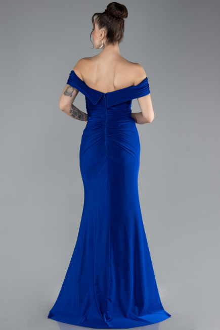 Sax Blue Boat Neck Slit Long Evening Gown ABU4400