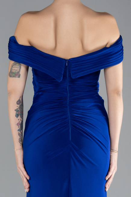 Sax Blue Boat Neck Slit Long Evening Gown ABU4400