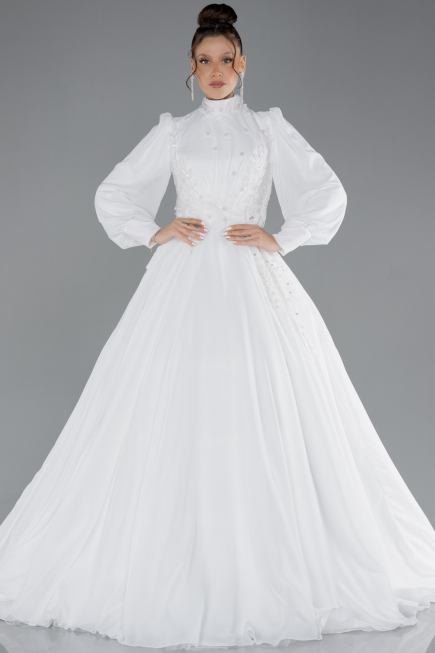 White Long Sleeve Beaded Hijab Plus Size Wedding Dress ABU4452