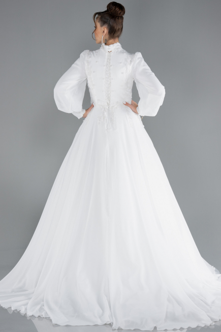 White Long Sleeve Beaded Hijab Plus Size Wedding Dress ABU4452