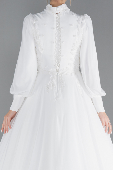White Long Sleeve Beaded Hijab Plus Size Wedding Dress ABU4452