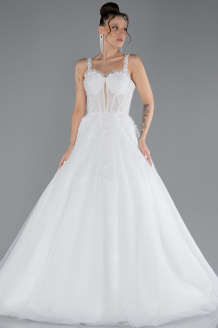 White Stone Embroidered Long Silvery Wedding Dress ABU4445