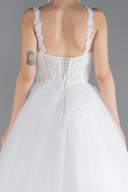 White Stone Embroidered Long Silvery Wedding Dress ABU4445
