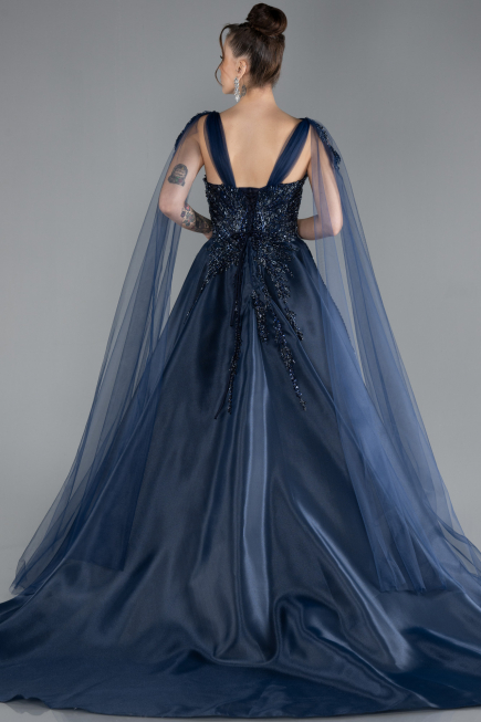 Navy Blue Sleeveless Stoned Long Haute Couture Dress ABU4432