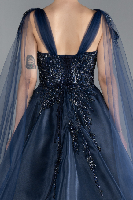 Navy Blue Sleeveless Stoned Long Haute Couture Dress ABU4432