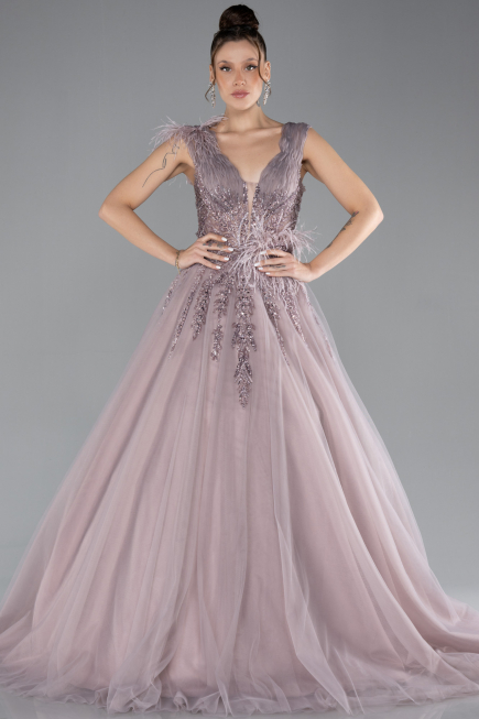 Rose Colored Sleeveless Stoned Long Haute Couture Dress ABU4433