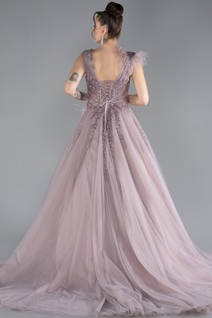Rose Colored Sleeveless Stoned Long Haute Couture Dress ABU4433