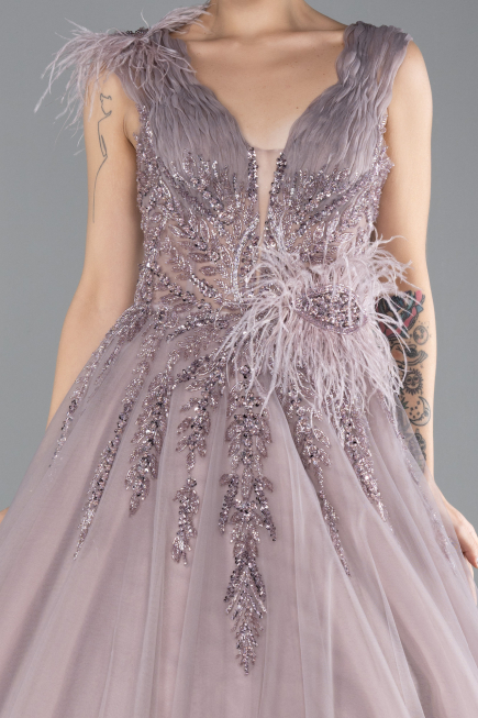 Rose Colored Sleeveless Stoned Long Haute Couture Dress ABU4433