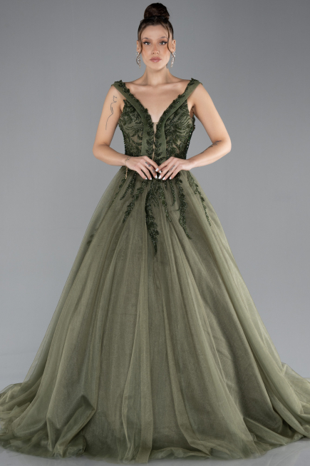 Olive Drab Sleeveless Stoned Long Plus Size Haute Couture Dress ABU4456