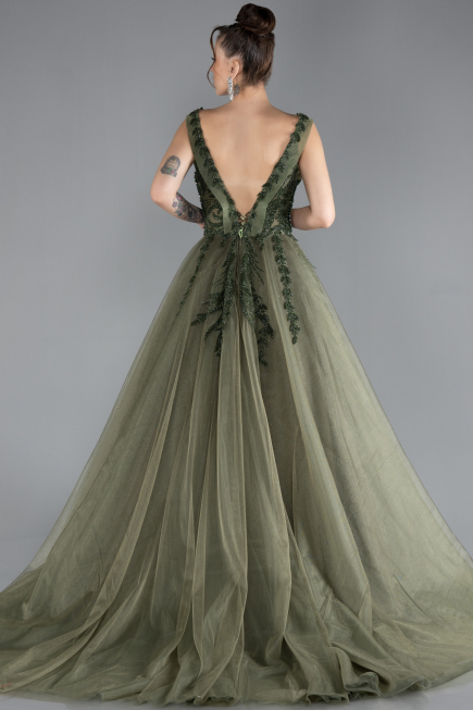 Olive Drab Sleeveless Stoned Long Plus Size Haute Couture Dress ABU4456