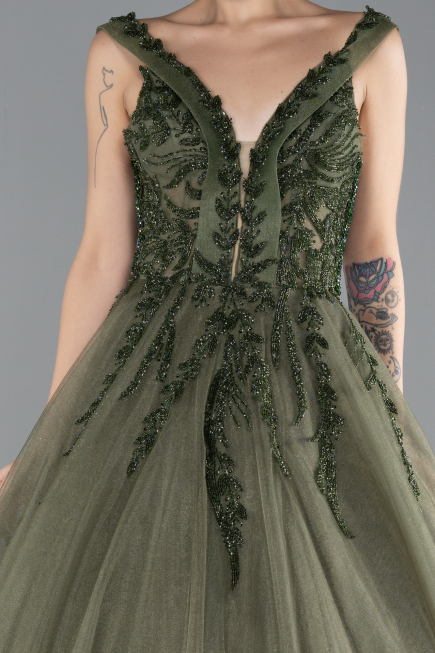 Olive Drab Sleeveless Stoned Long Plus Size Haute Couture Dress ABU4456