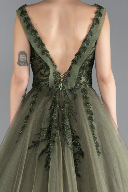 Olive Drab Sleeveless Stoned Long Plus Size Haute Couture Dress ABU4456
