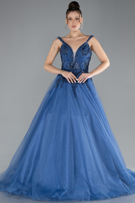 Indigo Sleeveless Stoned Long Haute Couture Dress ABU4435