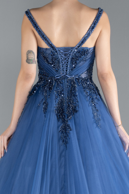 Indigo Sleeveless Stoned Long Haute Couture Dress ABU4435