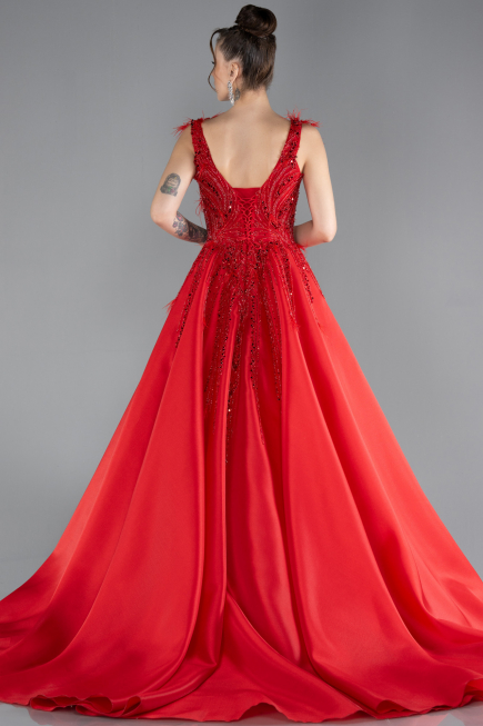 Red Sleeveless Stoned Long Princess Haute Couture Dress ABU4436