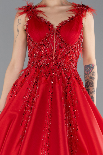 Red Sleeveless Stoned Long Princess Haute Couture Dress ABU4436