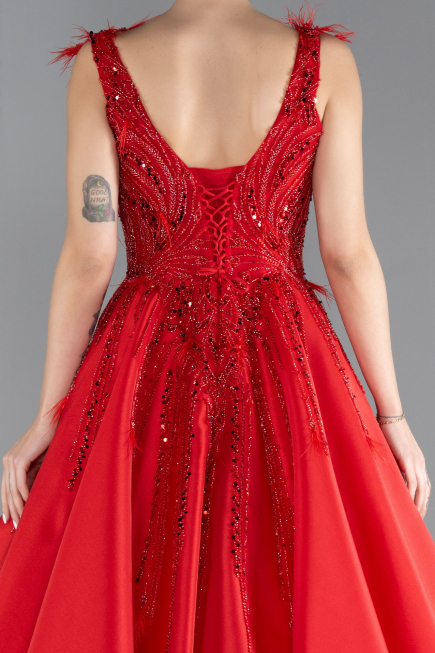 Red Sleeveless Stoned Long Princess Haute Couture Dress ABU4436