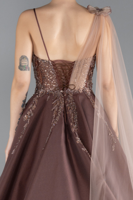 Light Brown Embroidered Long Plus Size Haute Couture Dress ABU4467