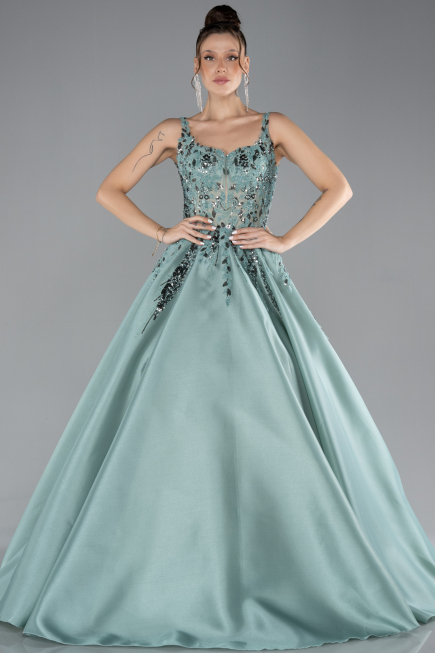 Mint Sleeveless Embroidered Long Haute Couture Dress ABU4447