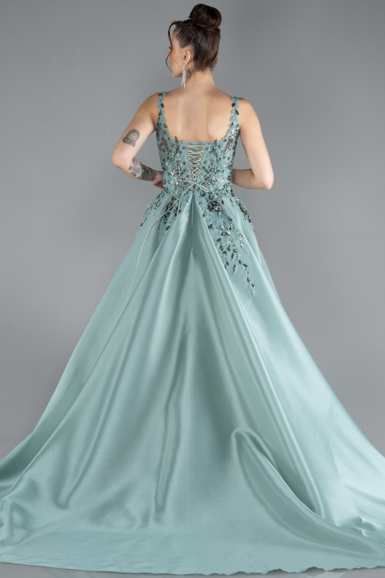 Mint Sleeveless Embroidered Long Haute Couture Dress ABU4447
