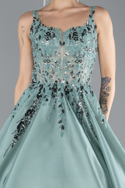 Mint Sleeveless Embroidered Long Haute Couture Dress ABU4447