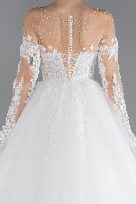 White Laced Long Sleeve Princess Wedding Dress ABU4477