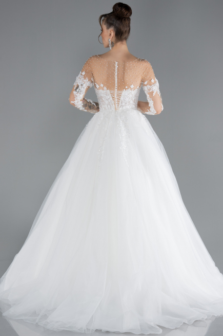 White Laced Long Sleeve Princess Wedding Dress ABU4477