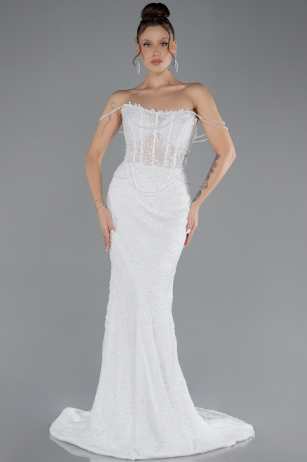 White Beaded Long Fish Model Wedding Dress ABU4479