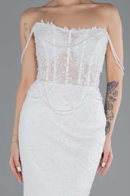 White Beaded Long Fish Model Wedding Dress ABU4479