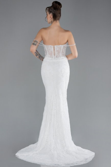White Beaded Long Fish Model Wedding Dress ABU4479