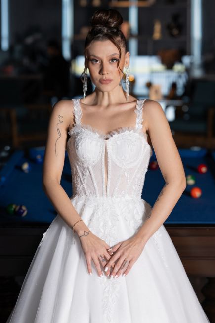 White Stone Embroidered Long Silvery Wedding Dress ABG044