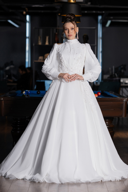 White Long Sleeve Beaded Hijab Chiffon Wedding Dress ABG051