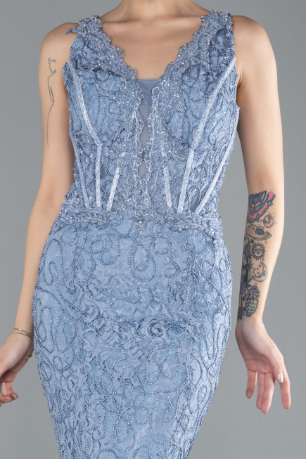İndigo Sleeveless Laced Long Mermaid Prom Gown ABU4493