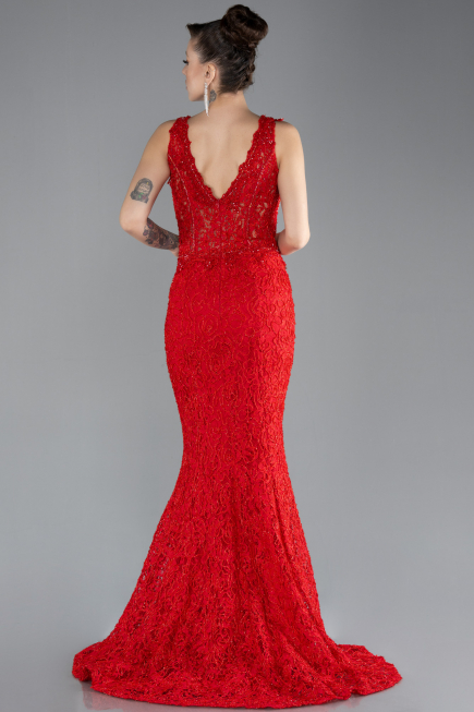 Kırmızı Sleeveless Laced Long Mermaid Prom Gown ABU4493