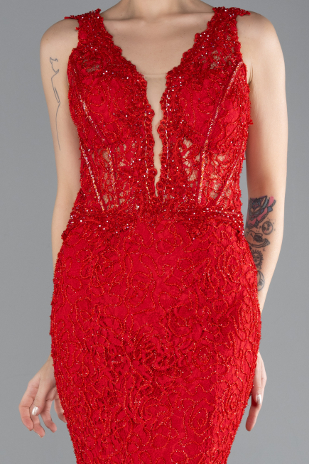 Kırmızı Sleeveless Laced Long Mermaid Prom Gown ABU4493