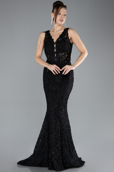 Siyah Sleeveless Laced Long Mermaid Prom Gown ABU4493
