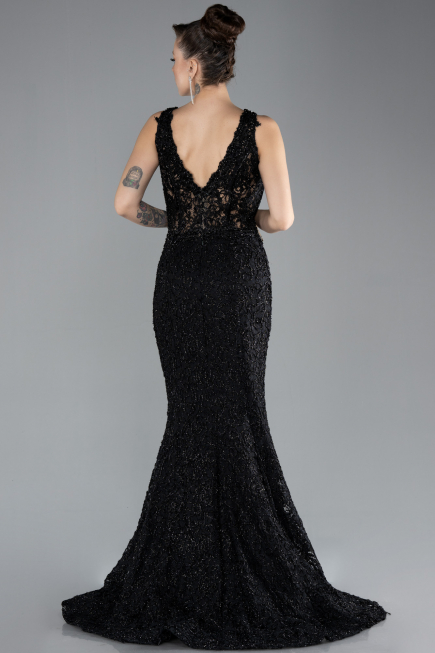 Siyah Sleeveless Laced Long Mermaid Prom Gown ABU4493