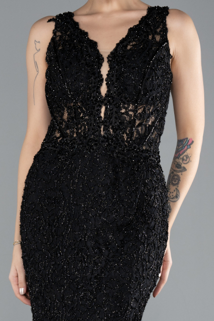 Siyah Sleeveless Laced Long Mermaid Prom Gown ABU4493