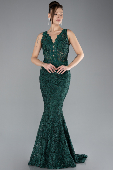 Zümrüt Yeşili Sleeveless Laced Long Mermaid Prom Gown ABU4493
