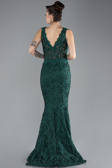 Zümrüt Yeşili Sleeveless Laced Long Mermaid Prom Gown ABU4493