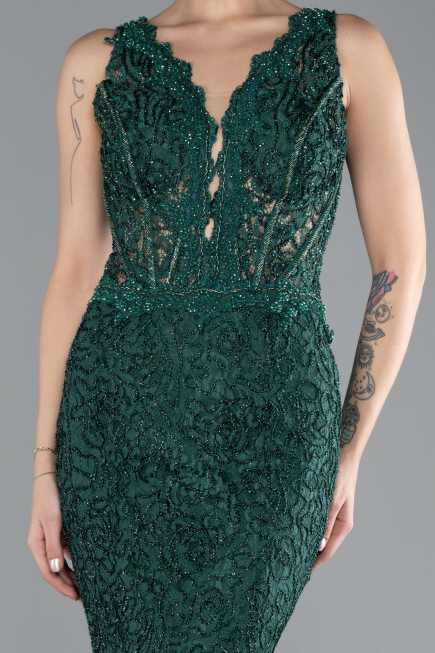Zümrüt Yeşili Sleeveless Laced Long Mermaid Prom Gown ABU4493