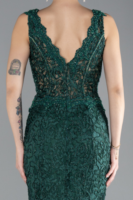 Zümrüt Yeşili Sleeveless Laced Long Mermaid Prom Gown ABU4493