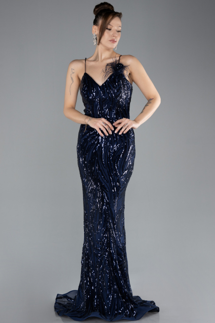 Lacivert Straps Sequin Train Long Mermaid Prom Dress ABU4494