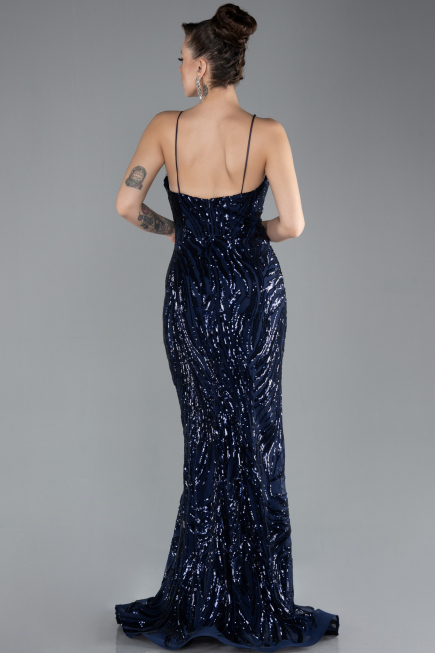 Lacivert Straps Sequin Train Long Mermaid Prom Dress ABU4494