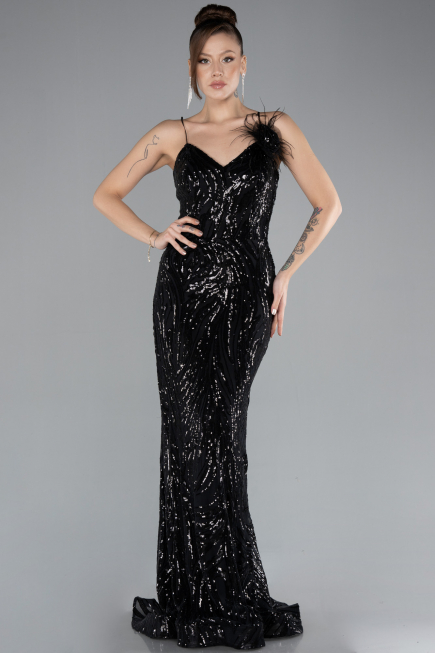 Siyah Straps Sequin Train Long Mermaid Prom Dress ABU4494