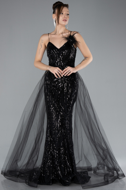 Siyah Straps Sequin Train Long Mermaid Prom Dress ABU4494