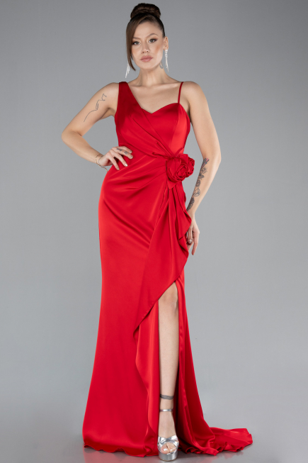 Kırmızı Slit Long Satin Evening Gown ABU4498