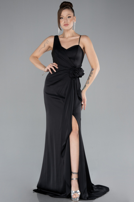 Siyah Slit Long Satin Evening Gown ABU4498