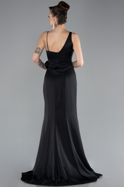Siyah Slit Long Satin Evening Gown ABU4498